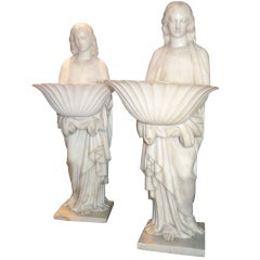 Exceptional Early 19th Pair Of Albaster Angels Church Holy Font