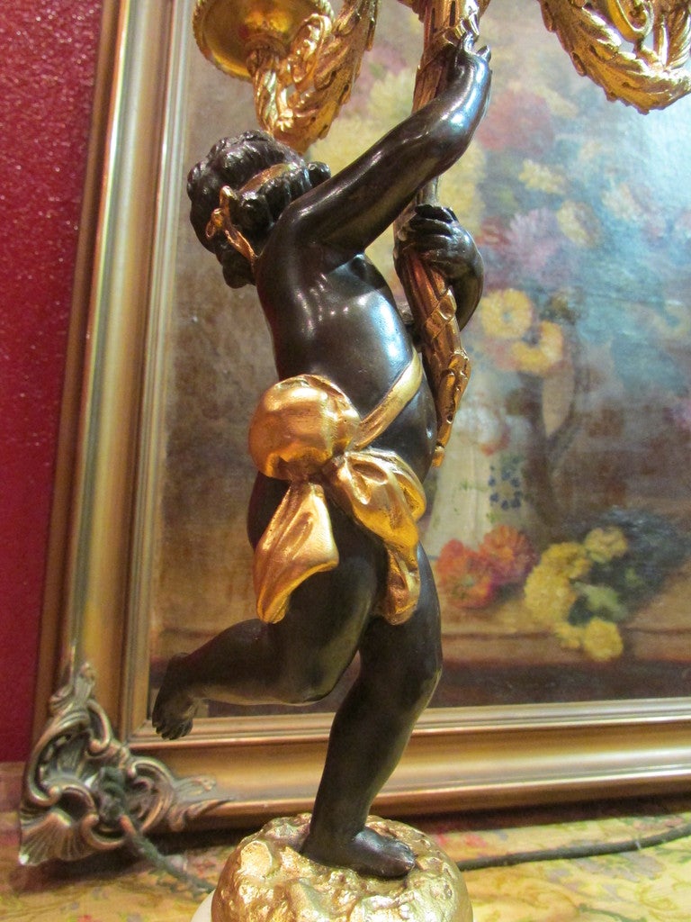 1860s Gilt Bronze Candlestick Candelabra with Two Putti Cherubs