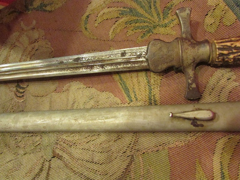 Iron 1880's very long hunting knife hunter carved blade deer horn spike For Sale
