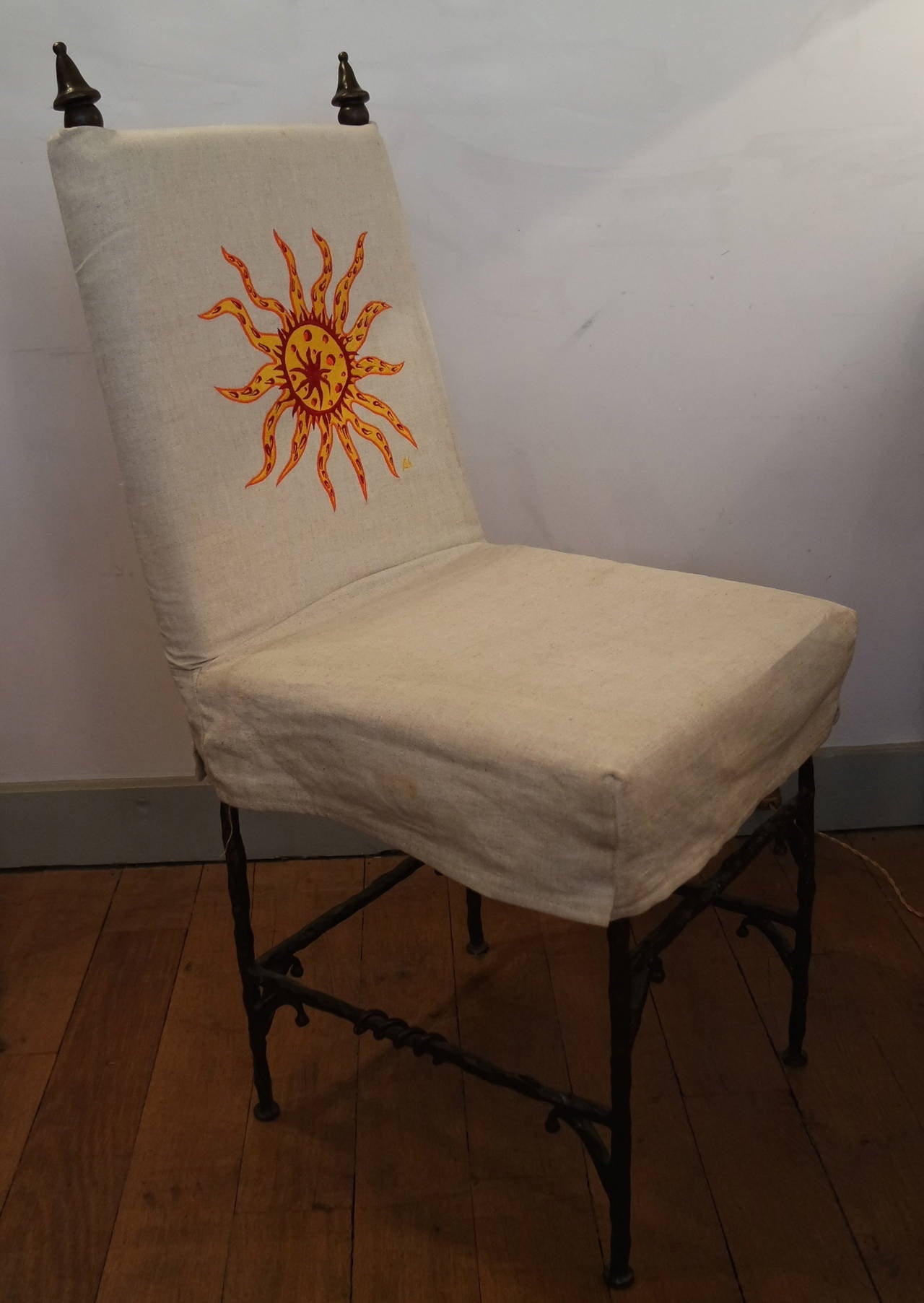 Famous Garouste & Bonetti Athéna metal chair design with the matching cover fabric, flame sun hand embroidery signed BG