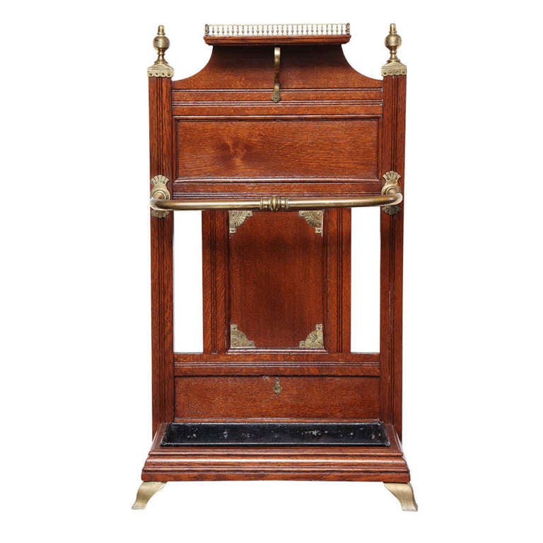 19th Century English "Shoolbred" Oak and Brass Hall Stand For Sale