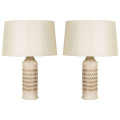 Pair of Bergboms Ivory Glazed and Gold Ceramic Table Lamps, Sweden, circa 1960