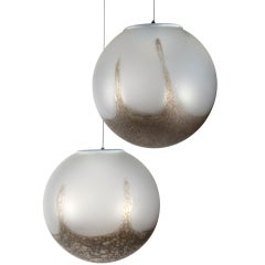 Pair Of Different Size Murano Frosted Glass Spheres With Inclusions