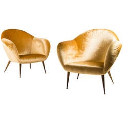 Exquisite Pair of Gilded Velvet Italian Armchairs, 1950s