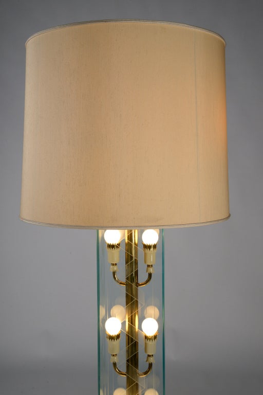Exceptional floor lamp designed by Luigi Brusotti in the '30s. Lighting tree contained in an etched glass box, upper cotton shade later replaced.
