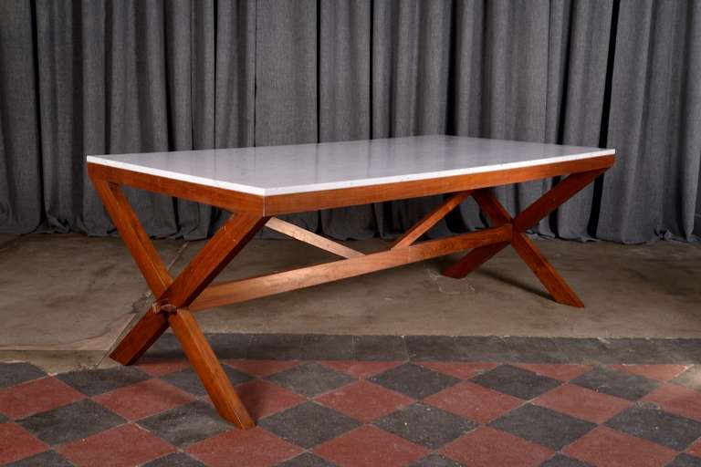 Massive and large table / desk which reminds the works of Ico Parisi and Enrico Ciuti, manufactured in Italy in the early '50s. Impressive cherry wood structure, white calacatta marble top.