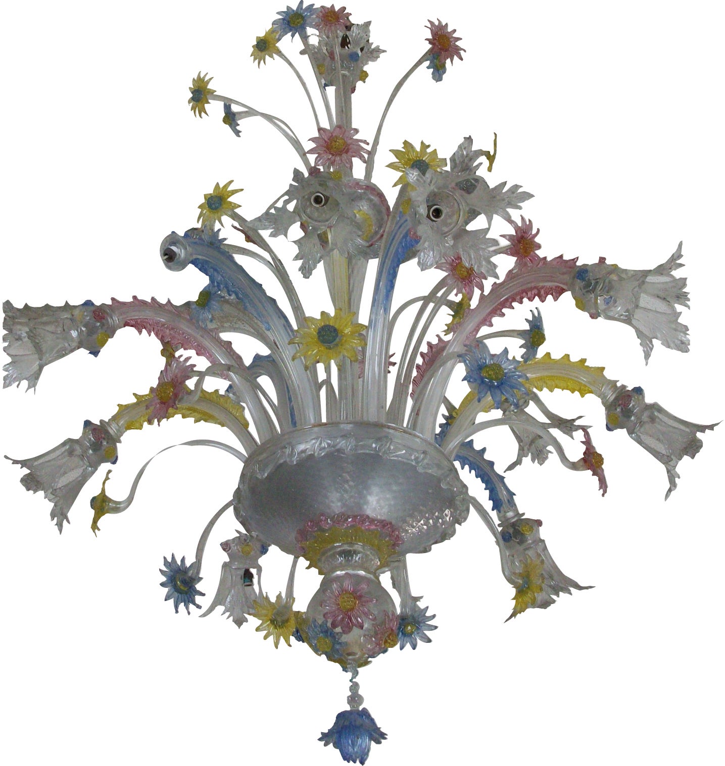 1930s Fratelli Toso Murano Chandelier in Transparent Glass with Colored Flowers For Sale