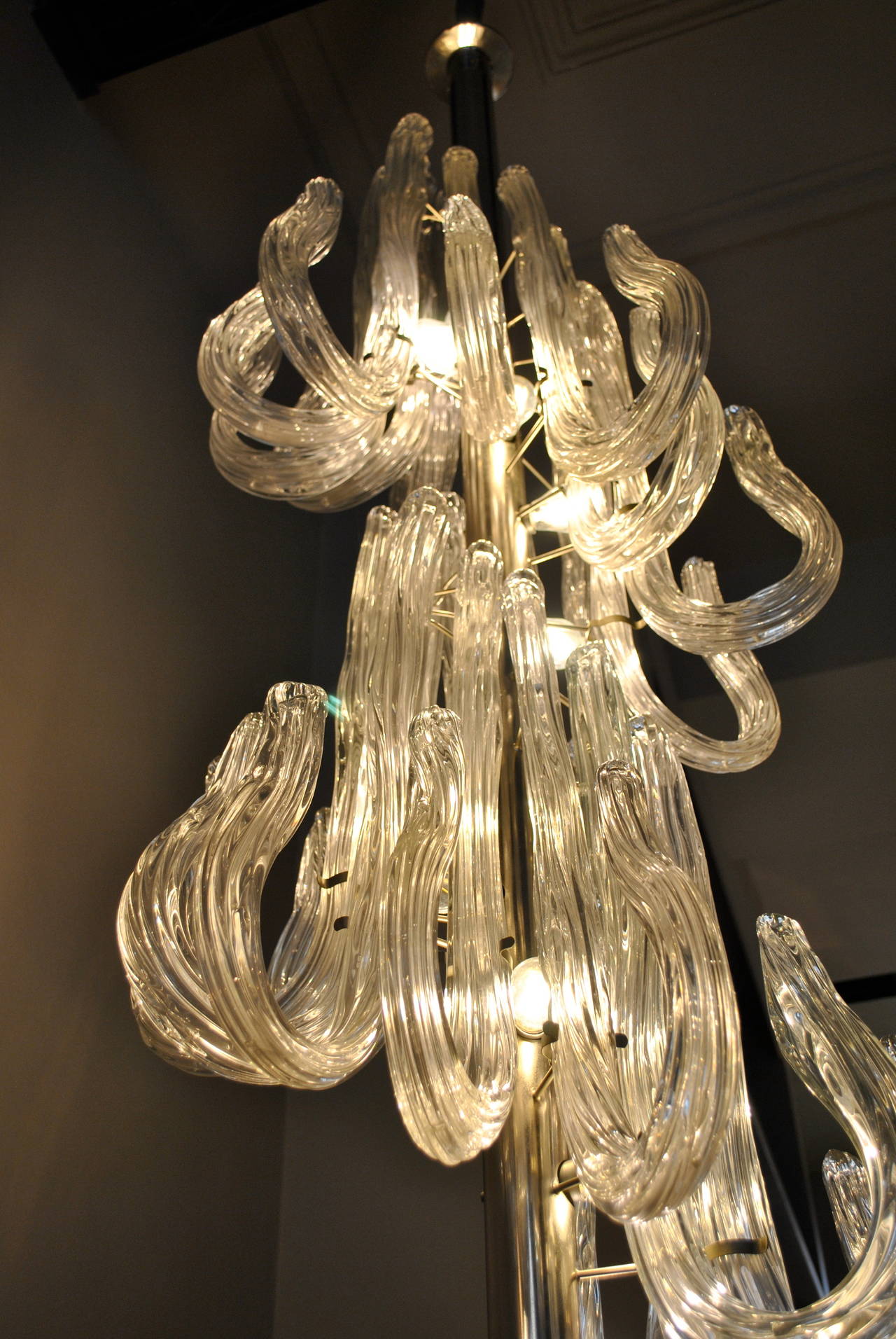 Venini Pastorale Chandelier in Transparent Murano Glass, Metal Chromed Structure