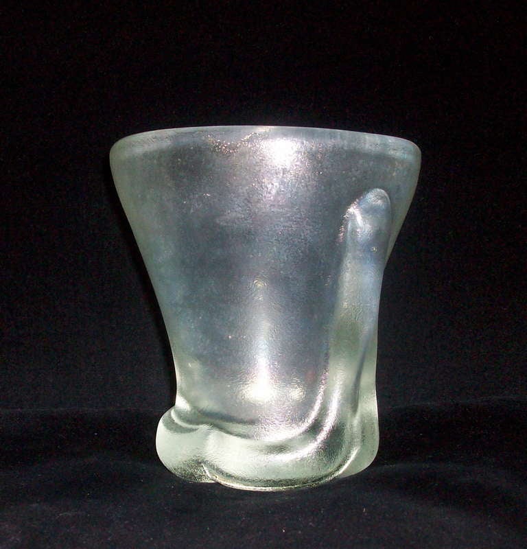 A glass vase “corroso a rilievi” , acid-etched surface designed by Carlo Scarpa in 1936 and produced in Murano by Venini & C. The vase is acid signed “Venini Murano Made in Italy”, model n. 4105 of the corroso series in the “Catalogo Blu”. Same