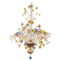 1930s Fratelli Toso Murano Chandelier in Transparent Glass with Colored Flowers