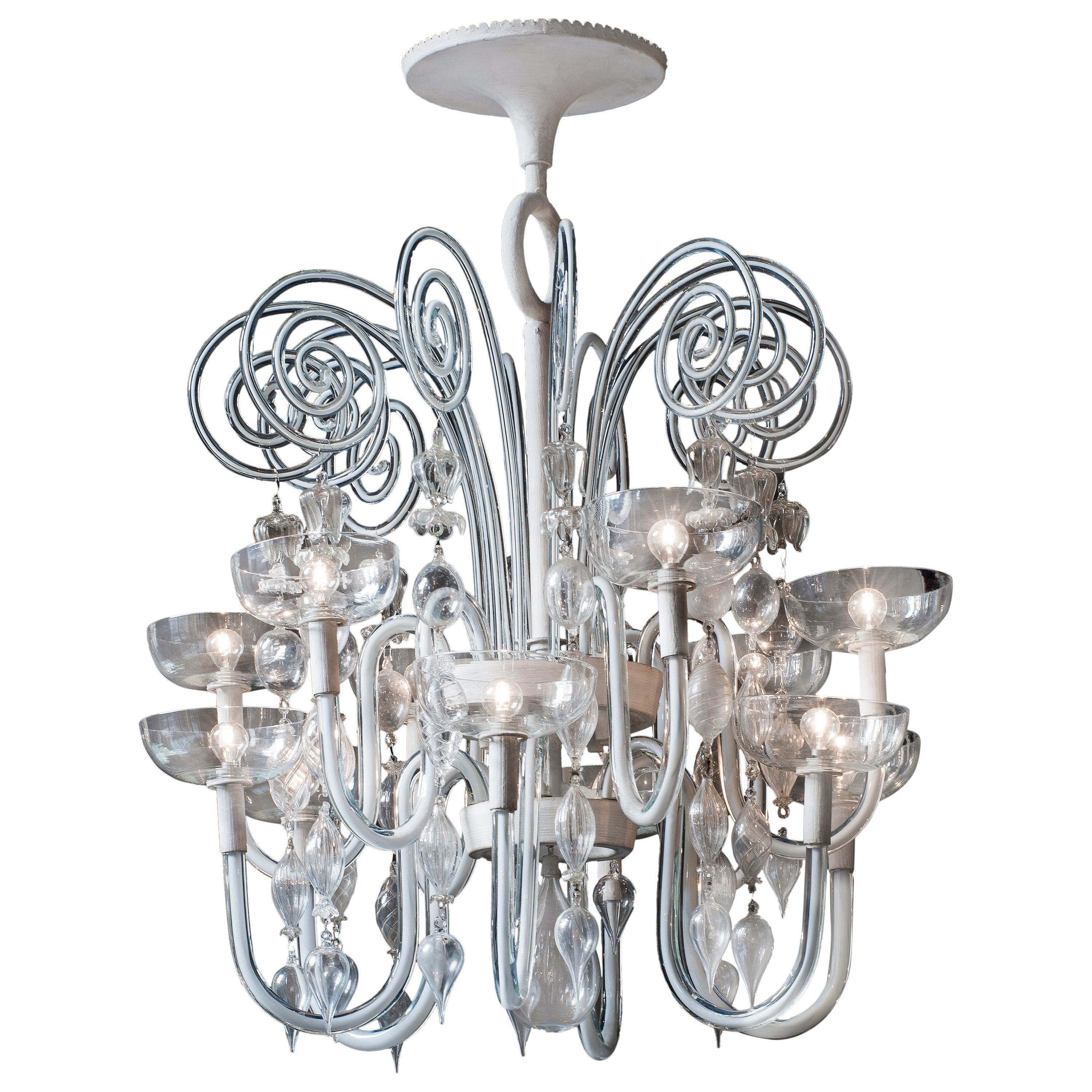 Carlo Scarpa White Structure and Murano Glass Chandelier for Venini, 1940s  For Sale