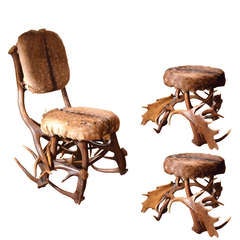 Black Forest Stag Horn Chair And Two Elk Horn Stools.
