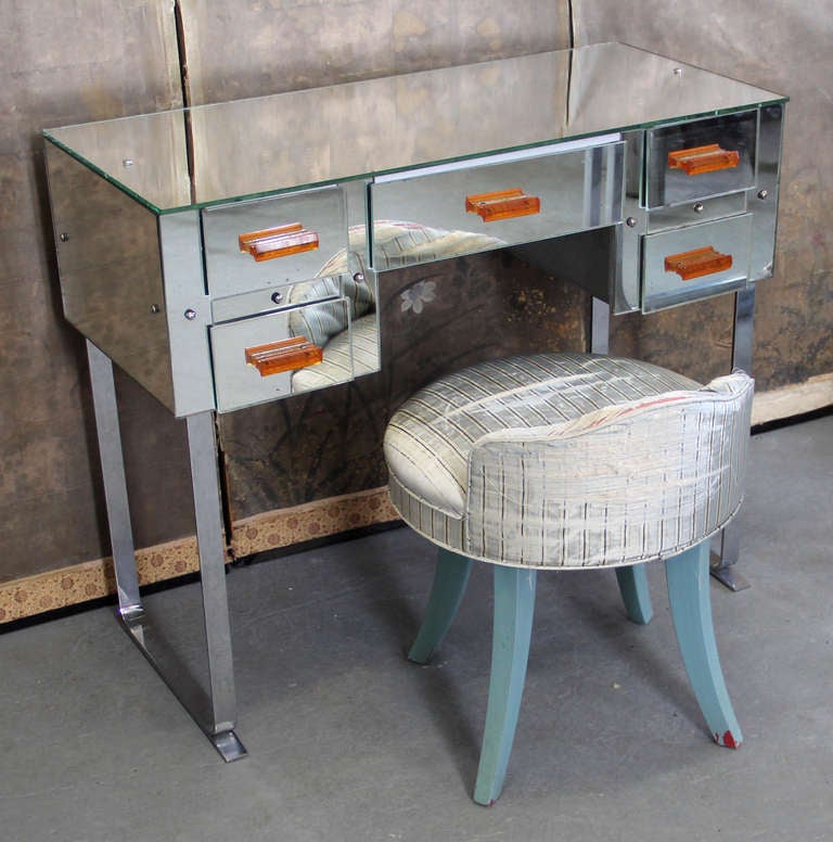 Mid-20th Century Art Deco Machine Age Modern Adnet Style Mirrored Vanity with Stool For Sale