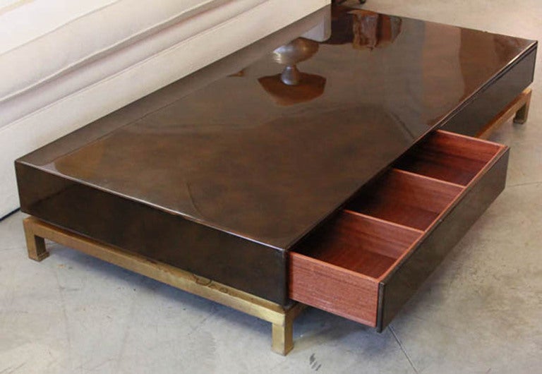 French Maison Jansen Lacquer Coffee Table with drawers by Guy Lefevre
