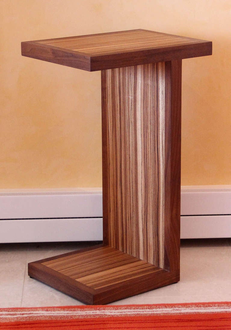 Craftsman style exotic wood pedestal which could also be used as a side or lamp table. Appears to be zebra wood  and walnut.