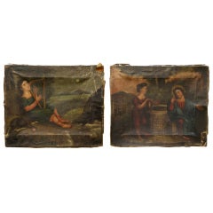 Antique Pair of Early 19th Century Italian Folk Art Naive Paintings