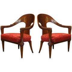 Pair of 1940's Hollywood Regency Mahogany Open Arm Chairs