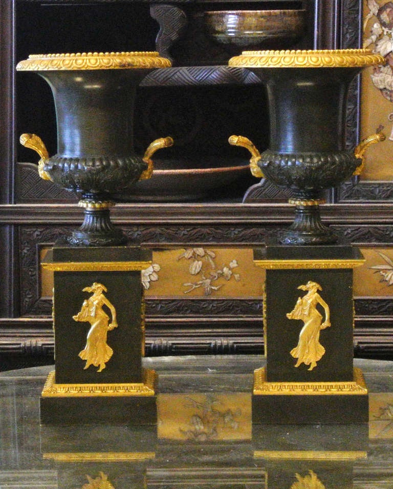 Second Empire Pair of 19th Century French Neoclassical Bronze and Gilt Urns