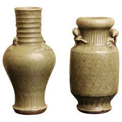 Two Antique Chinese Longquan Yuan Period Celedon Vases