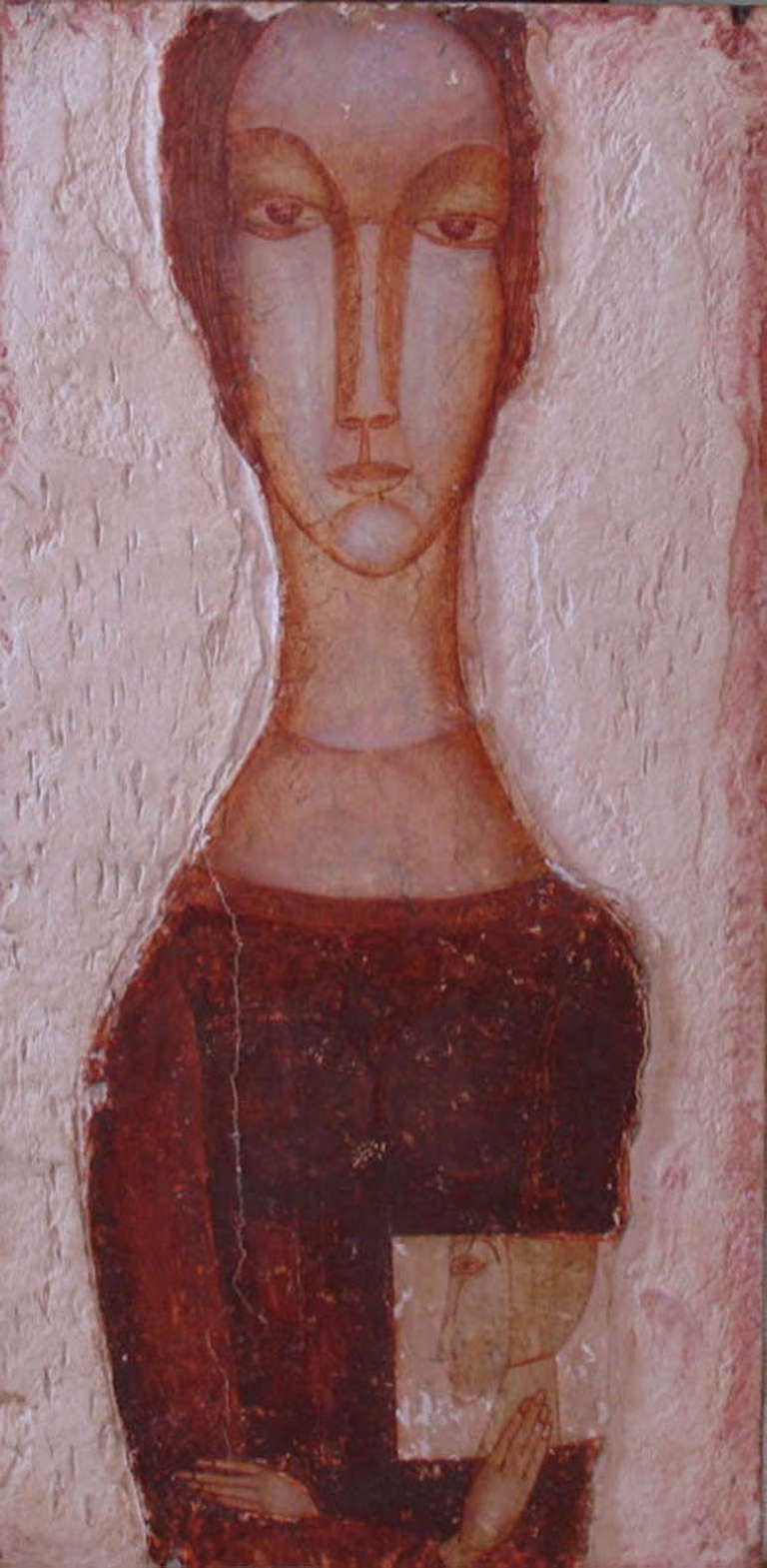 Original icon like portrait on panel by Adam Niemczyc. It employs a fresco like technique were plaster has been built up on a wood panel and then carved and painted.  This work is from the Iconostases series which featured paintings inspired by the