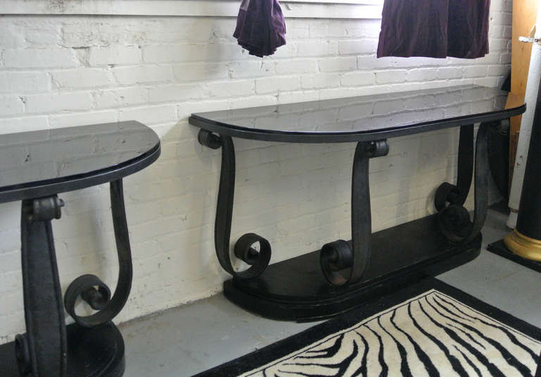 Pair of Art Deco Scroll  Wrought Iron Consoles in the Style of Samuel Yellin In Good Condition For Sale In Minneapolis, MN
