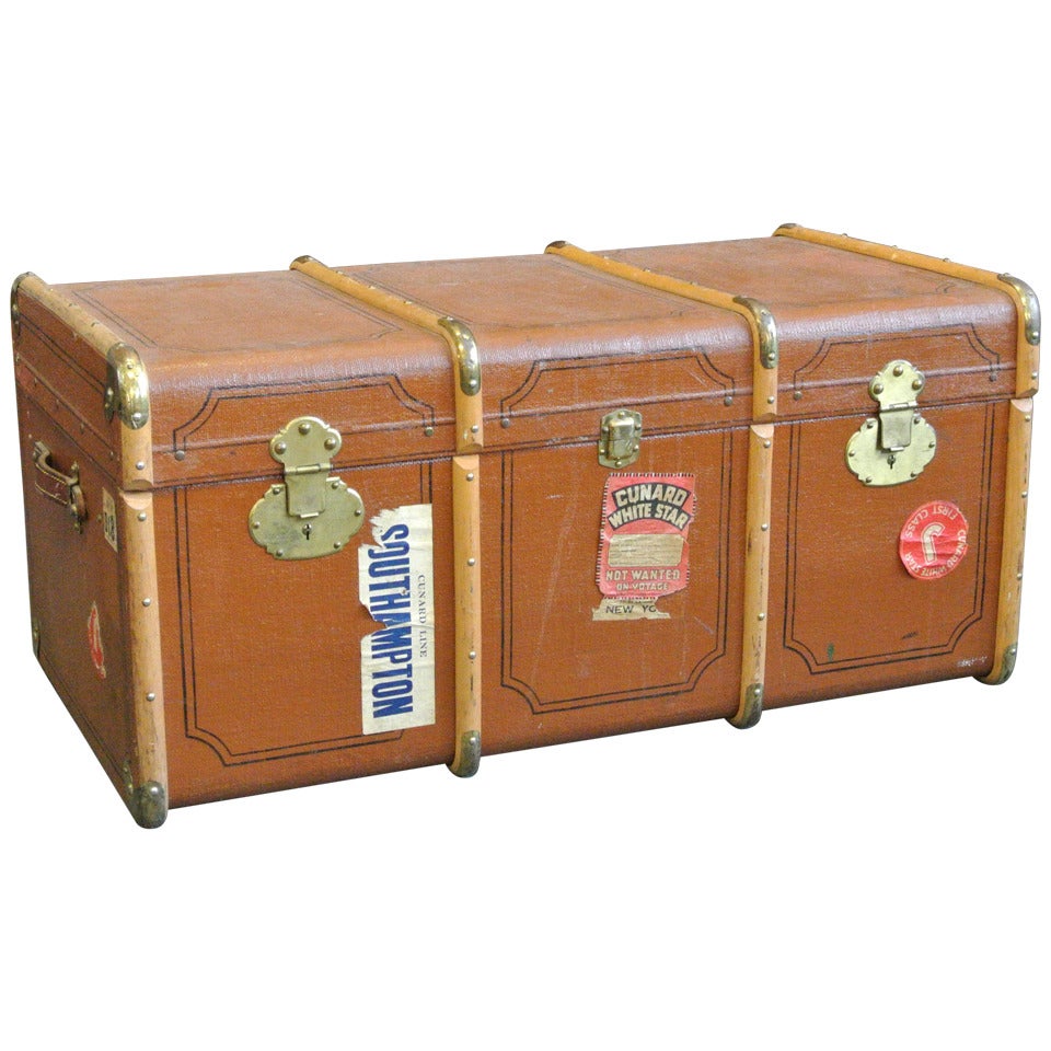 Vintage Wood and Brass Trimmed Steamer Trunk with Cunard Luggage Tags