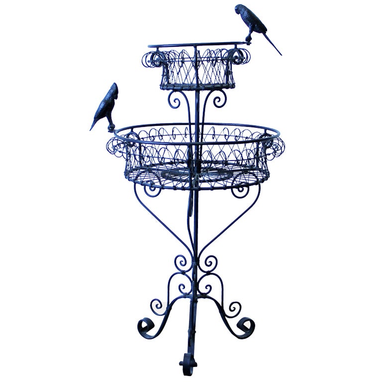 Late Victorian Wrought Iron 
Wire Plant Stand with Parrots