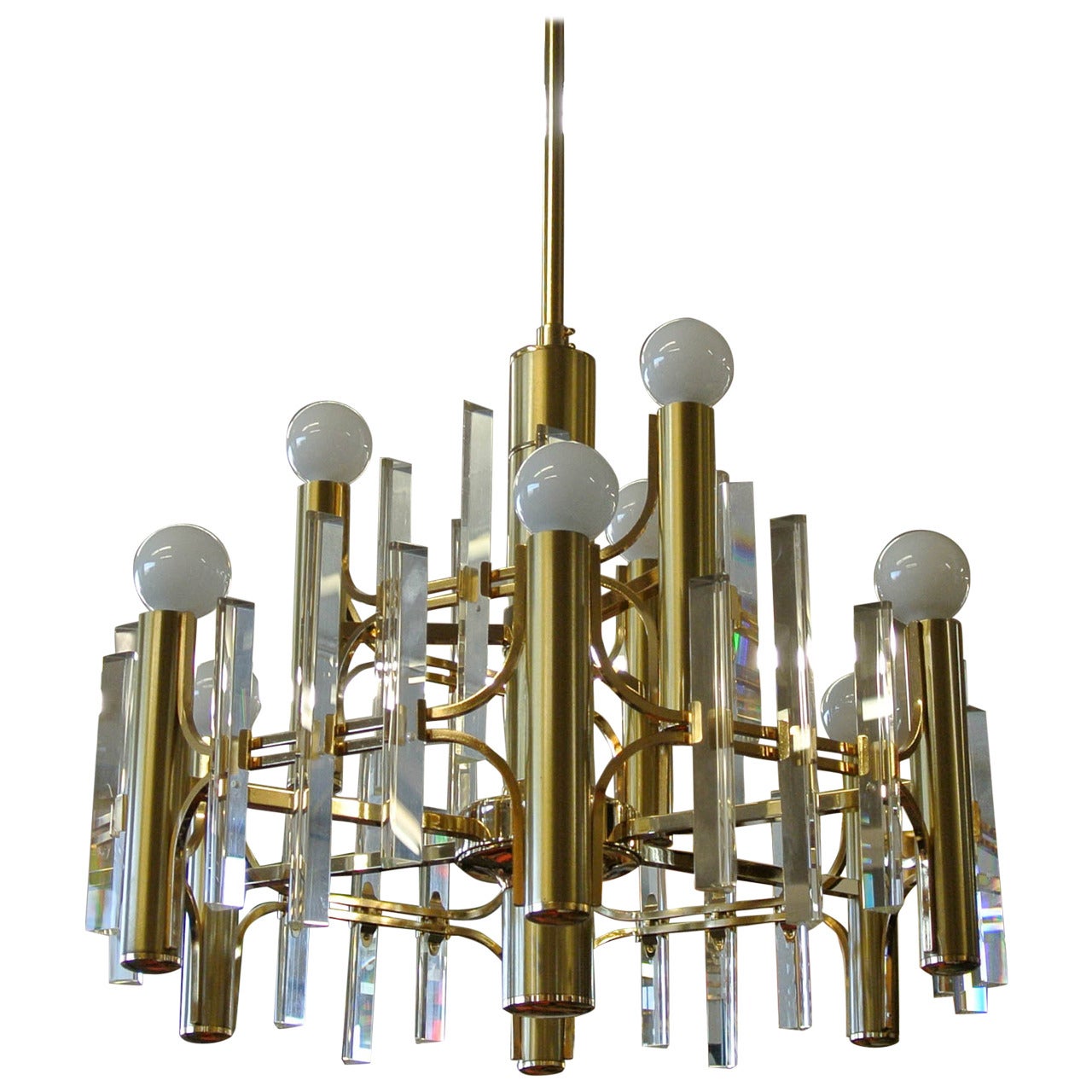 Gaetano Sciolari for Lightolier Style Brass and Crystal Chandelier, 1970s For Sale