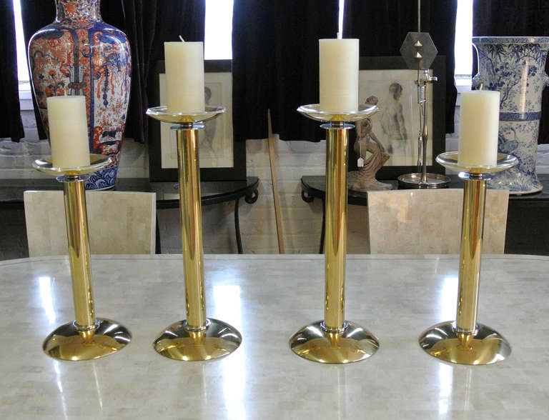Four documented Karl Springer Brass and Chrome Large Candlesticks