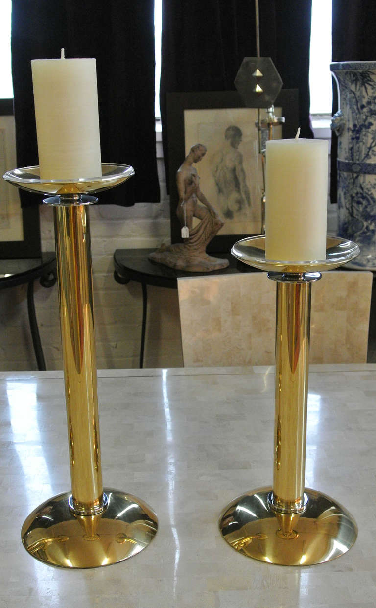 Mid-Century Modern Two Pair of Karl Springer Brass and Chrome Large Candlesticks