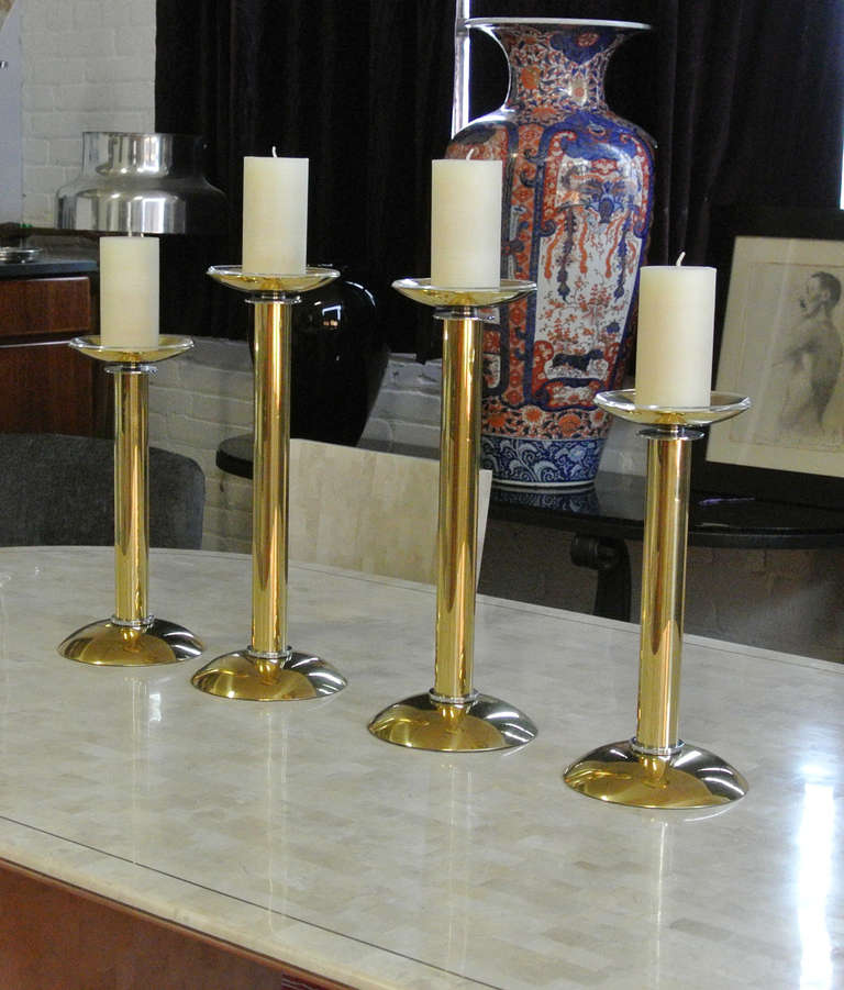 Late 20th Century Two Pair of Karl Springer Brass and Chrome Large Candlesticks