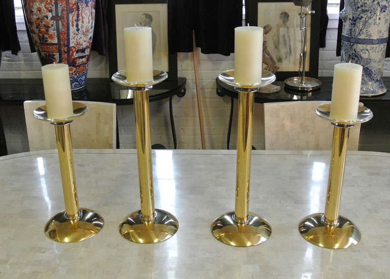 Two Pair of Karl Springer Brass and Chrome Large Candlesticks 1
