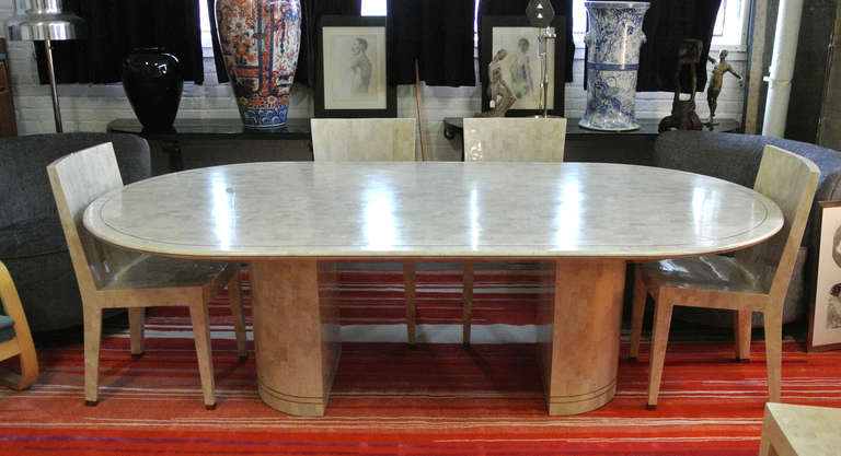 American Karl Springer Tessellated Fossilized Coral Dining Table with Brass Inlay For Sale