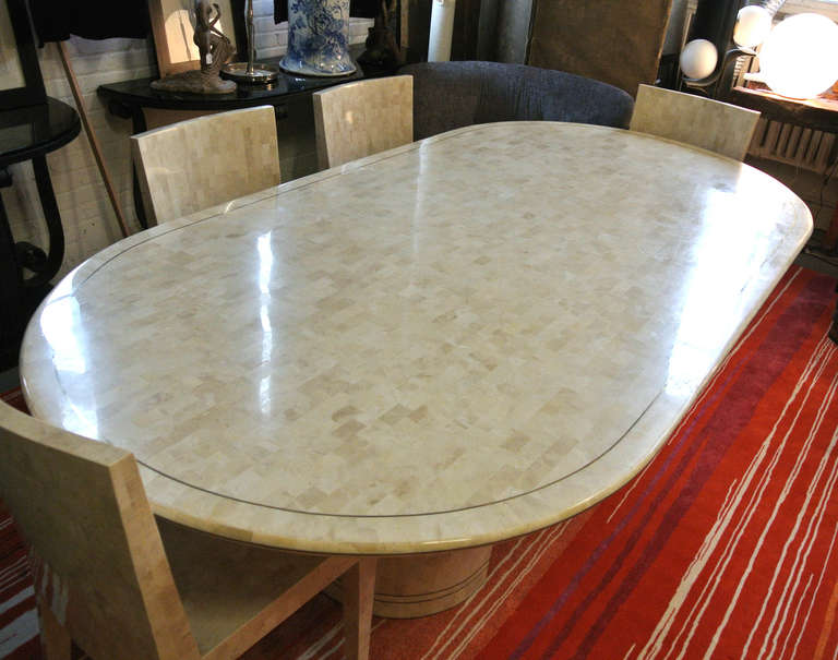 Karl Springer Tessellated Fossilized Coral Dining Table with Brass Inlay In Excellent Condition For Sale In Minneapolis, MN