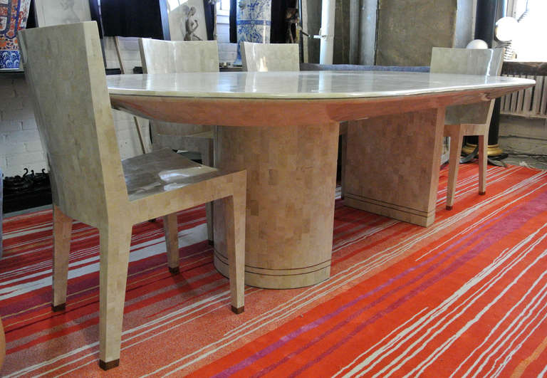 Late 20th Century Karl Springer Tessellated Fossilized Coral Dining Table with Brass Inlay For Sale