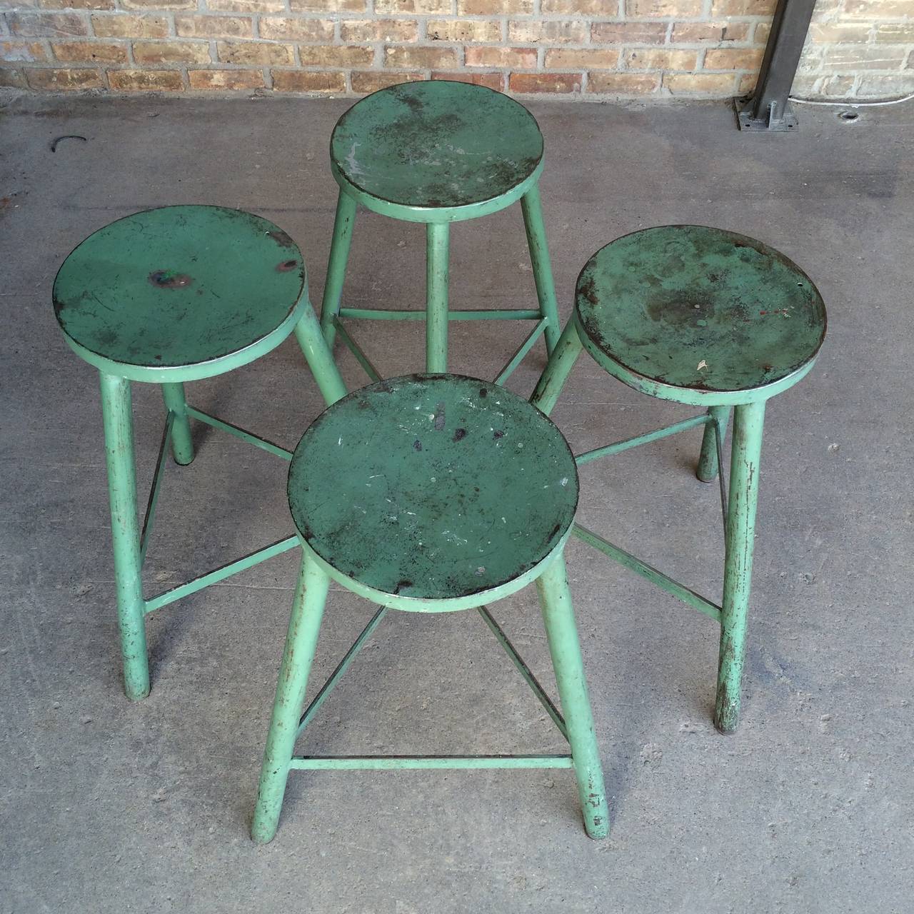 Iron Vintage Industrial Metal Stools with Original Paint For Sale