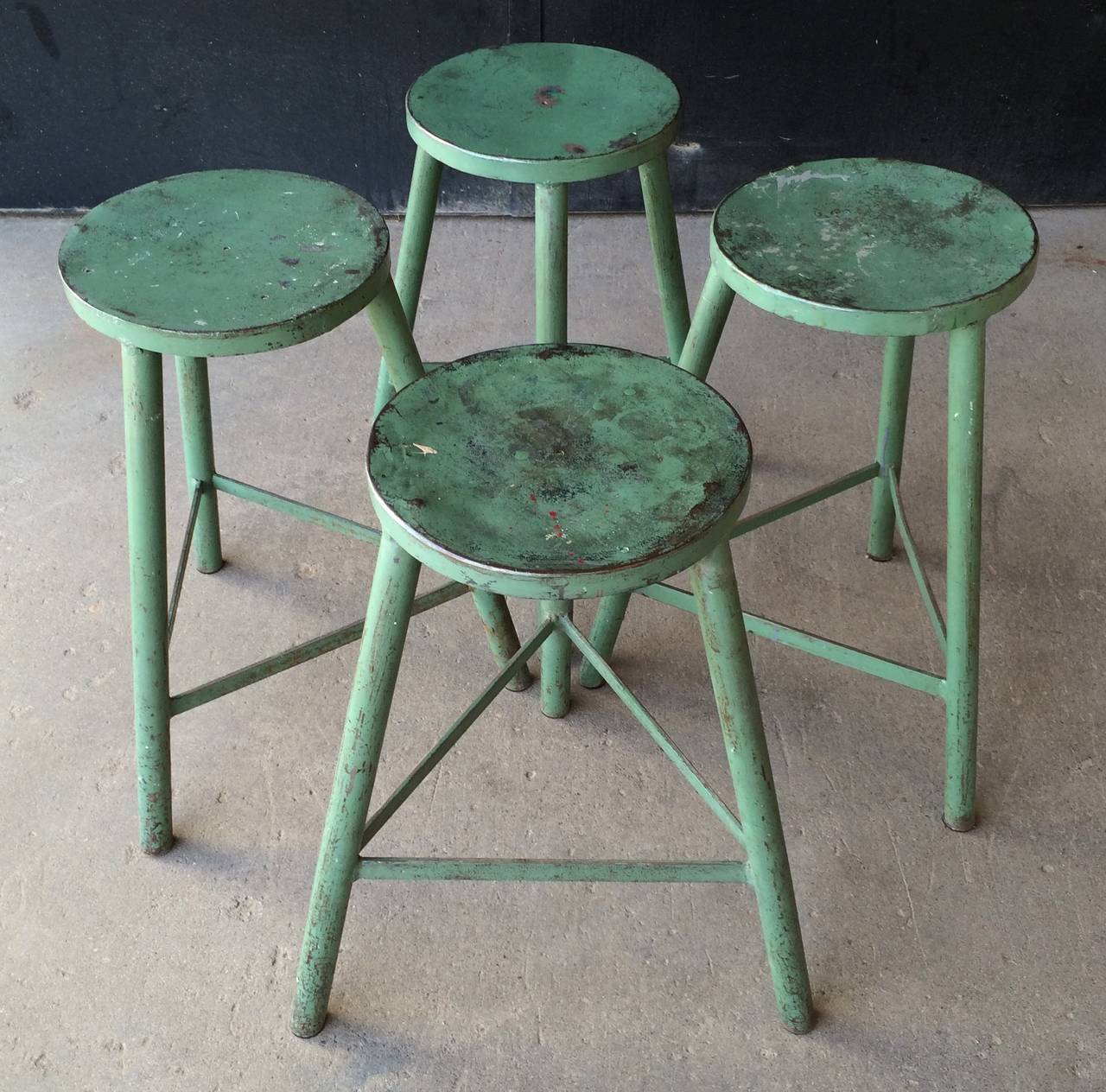 Vintage Industrial Metal Stools with Original Paint In Distressed Condition For Sale In Minneapolis, MN