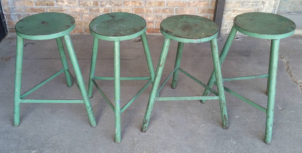 20th Century Vintage Industrial Metal Stools with Original Paint For Sale