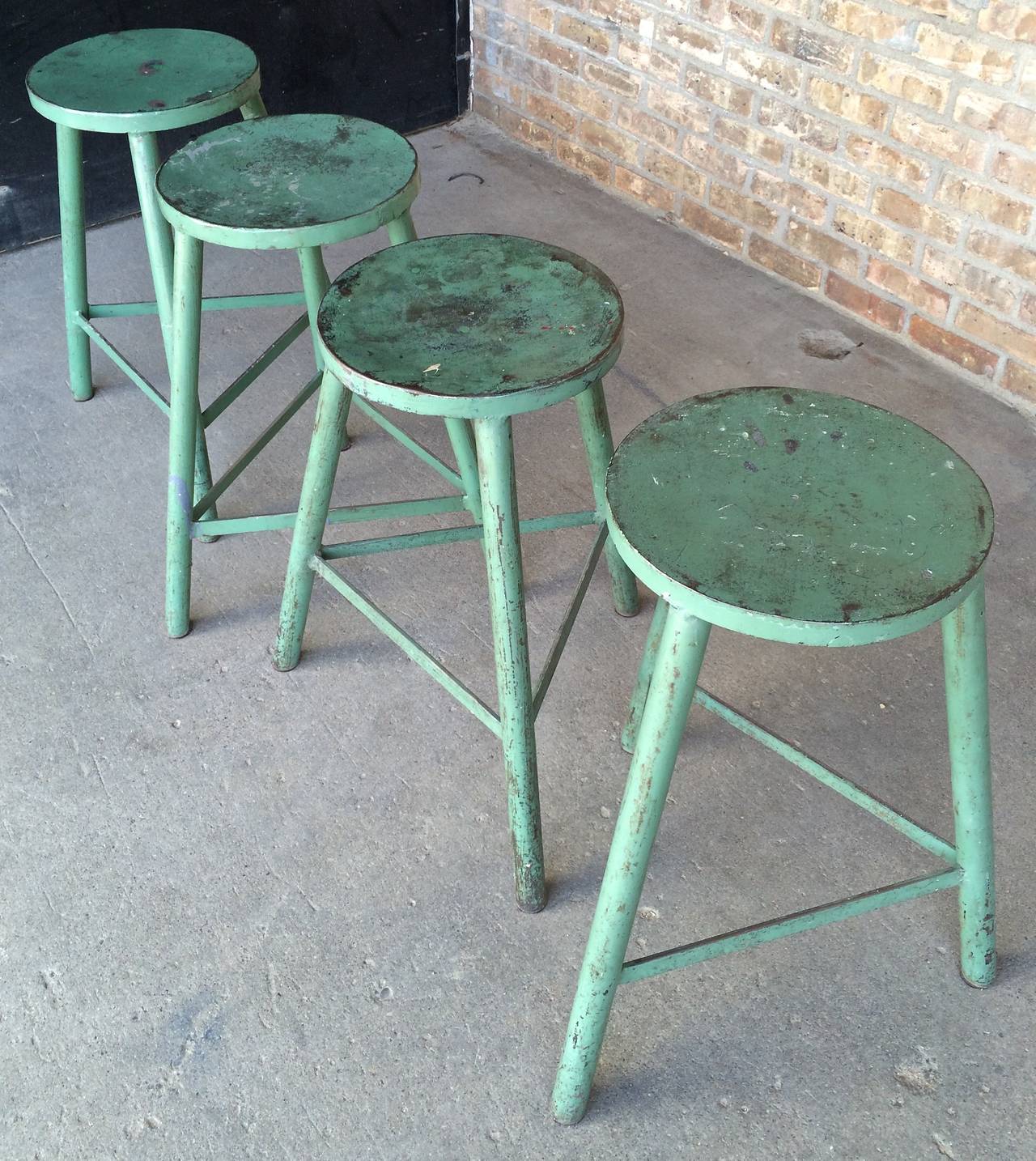 Painted Vintage Industrial Metal Stools with Original Paint For Sale