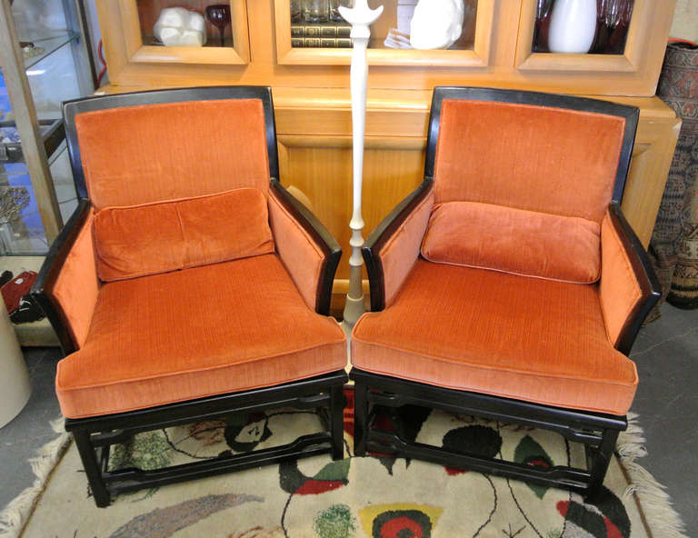 Mid-20th Century Pair of Dunbar Style Asian Ebonized Armchairs