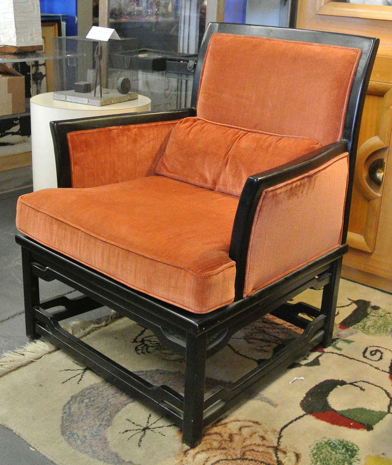 Hollywood Regency Pair of Dunbar Style Asian Ebonized Armchairs