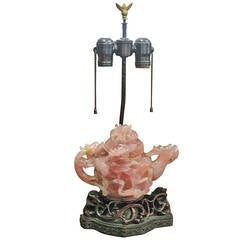 Edward Farmer Style Carved Rose Quartz Dragon Teapot Lamp