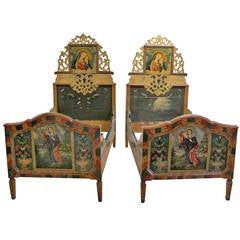 Pair of Swiss Alpine Folk Painted Twin Beds