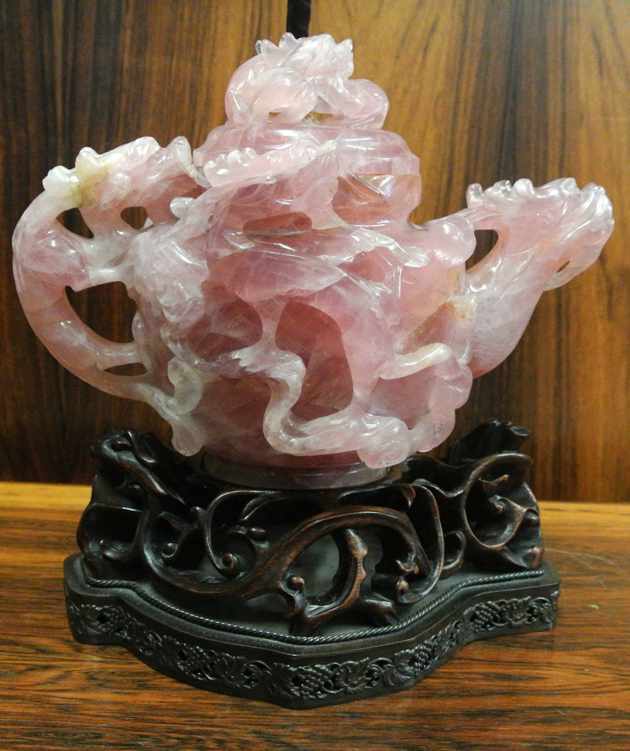 20th Century Edward Farmer Style Carved Rose Quartz Dragon Teapot Lamp