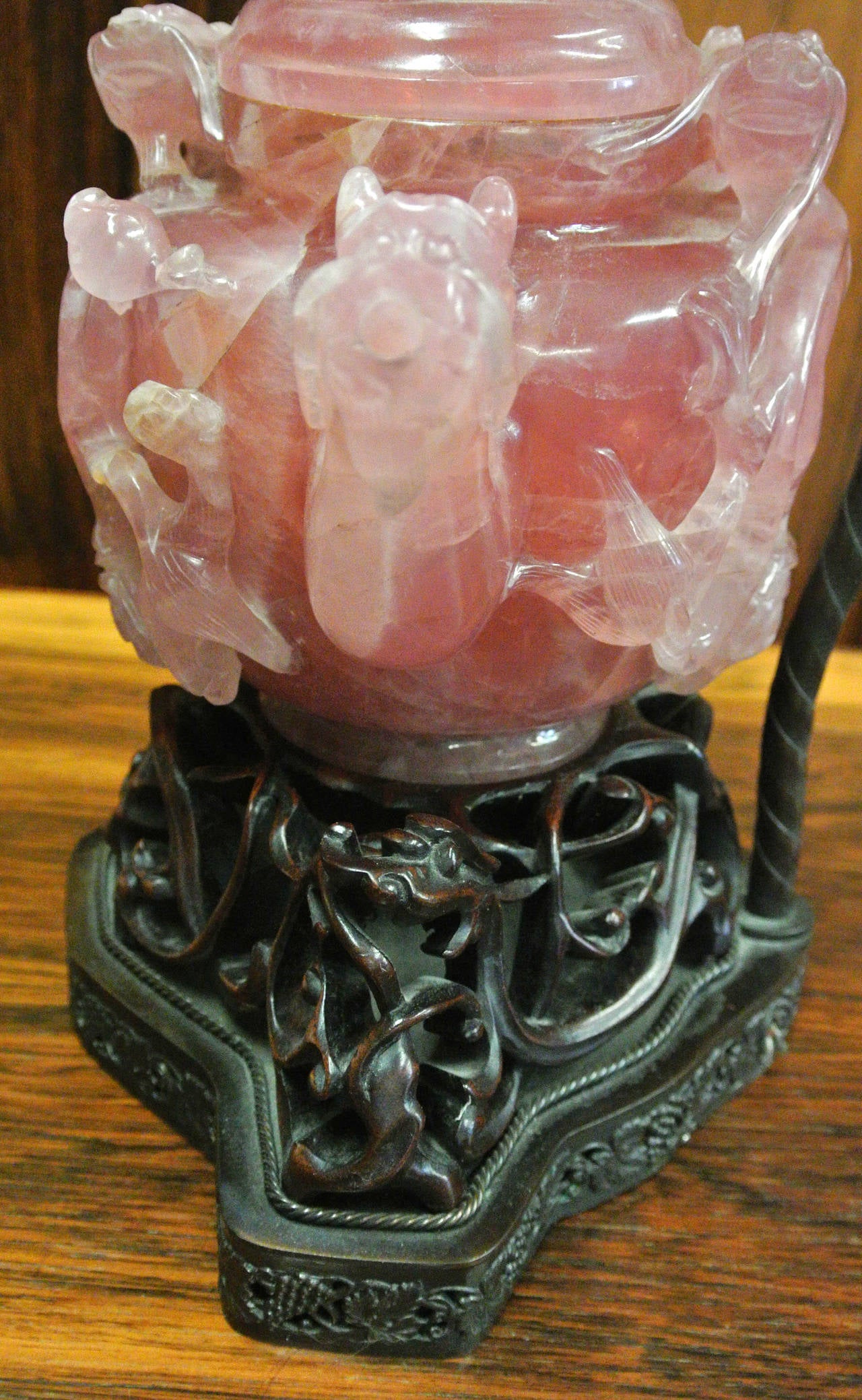 Edward Farmer Style Carved Rose Quartz Dragon Teapot Lamp 5