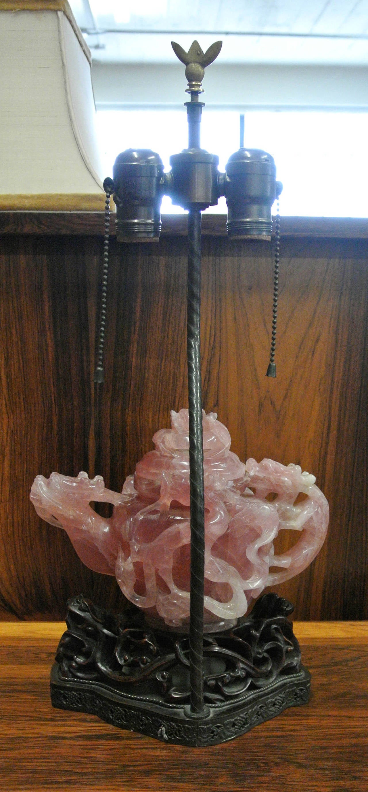 Edward Farmer Style Carved Rose Quartz Dragon Teapot Lamp 1