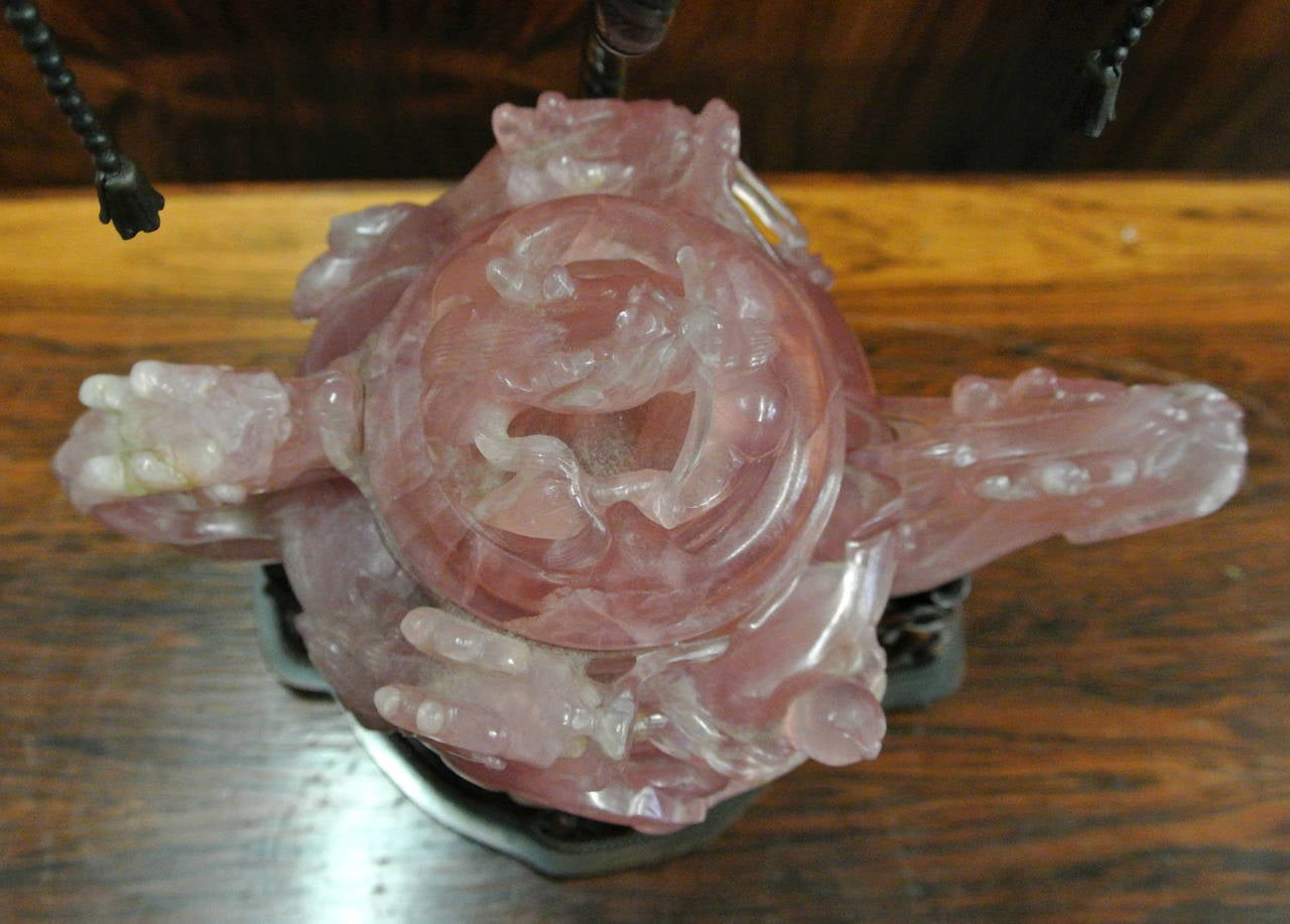 Edward Farmer Style Carved Rose Quartz Dragon Teapot Lamp 3