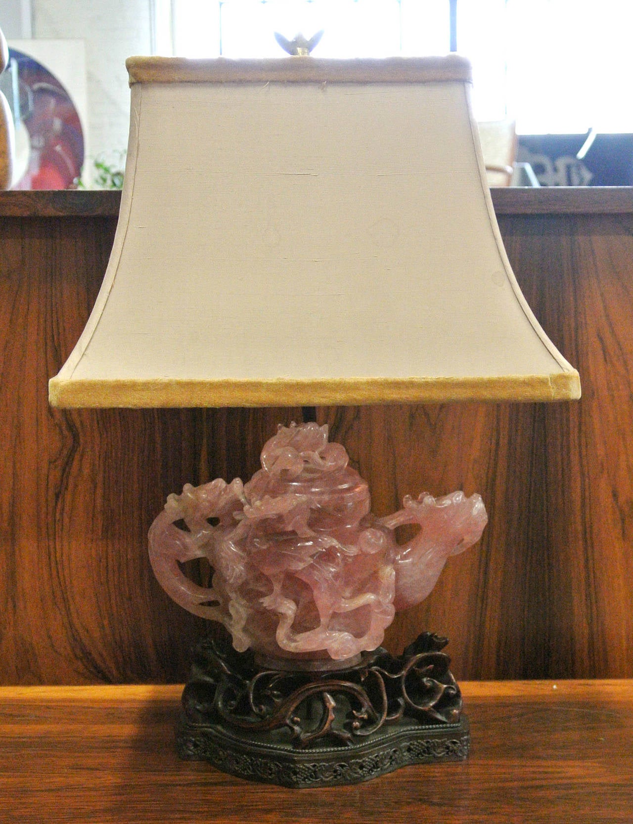 Chinese Edward Farmer Style Carved Rose Quartz Dragon Teapot Lamp