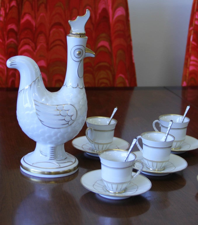 Porcelain Rooster Chocolate Set with Sterling  Enamel Spoons