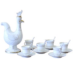 Vintage Porcelain Rooster Chocolate Set with Sterling  Enamel Spoons